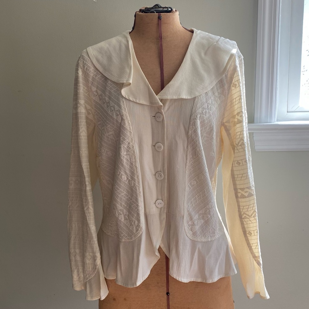 Vintage Coldwater Creek Ivory Embroidered Blouse PL | Ruffle Cottagecore Top